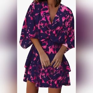 Women's Dress V-Neck Loose Batwing Sleeve Elastic Waist Printed Dress Mini